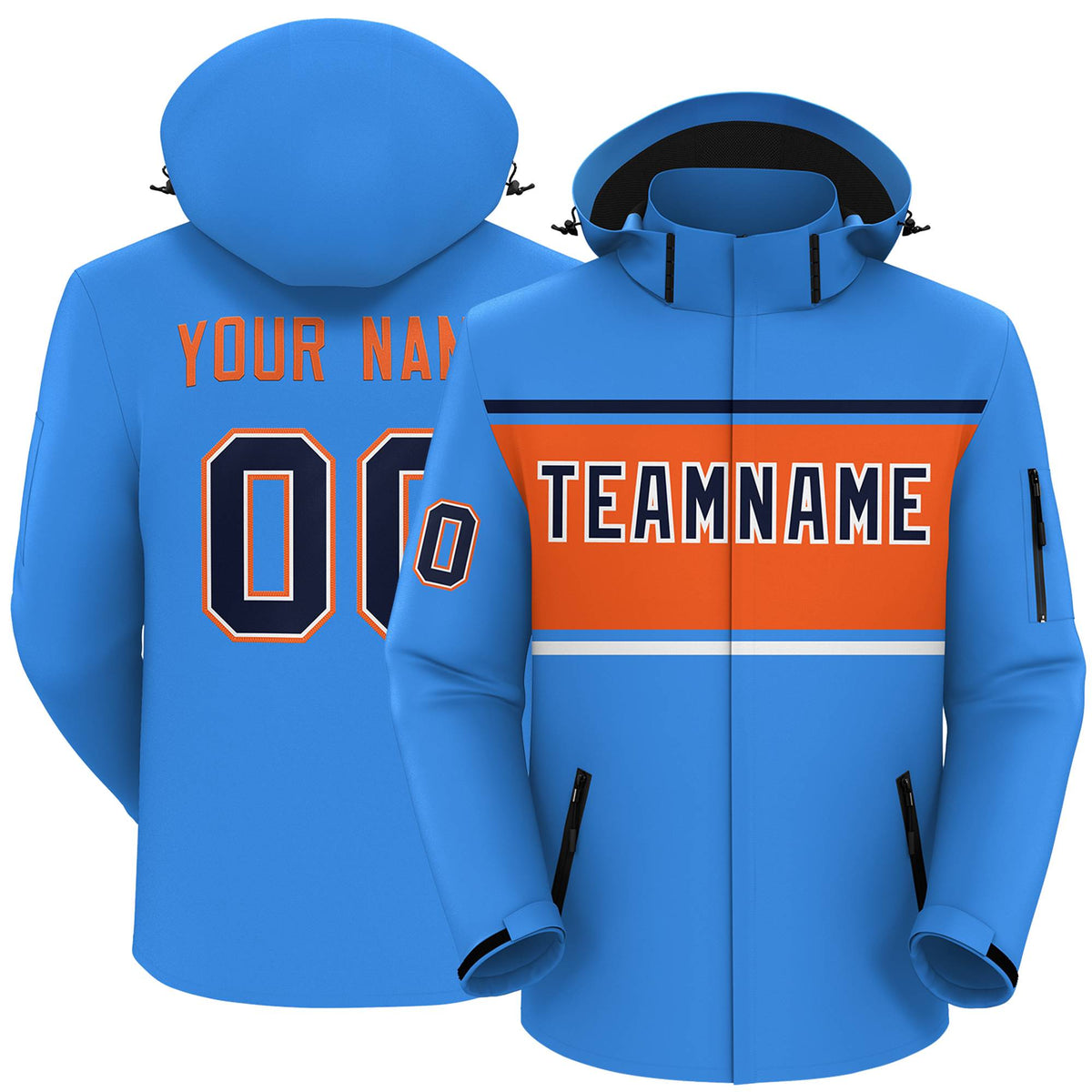 Custom Powder Blue Navy-Orange Color Block Personalized Outdoor Hooded Waterproof Jacket
