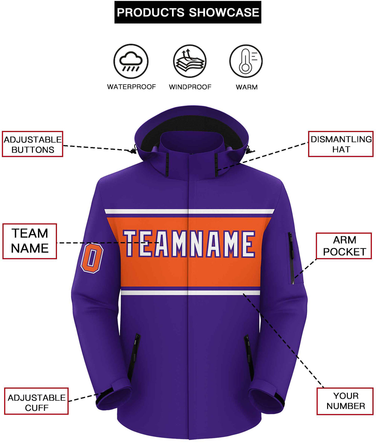 Custom Purple White-Orange Color Block Personalized Outdoor Hooded Waterproof Jacket