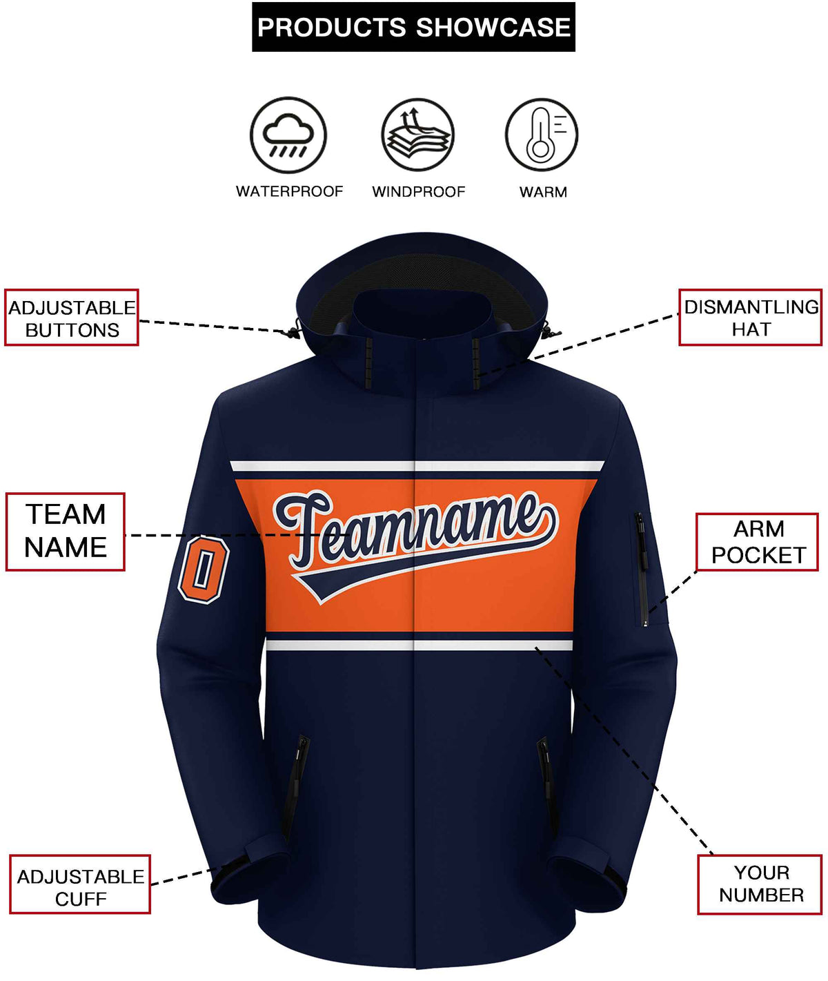Custom Navy White-Orange Color Block Personalized Outdoor Hooded Waterproof Jacket