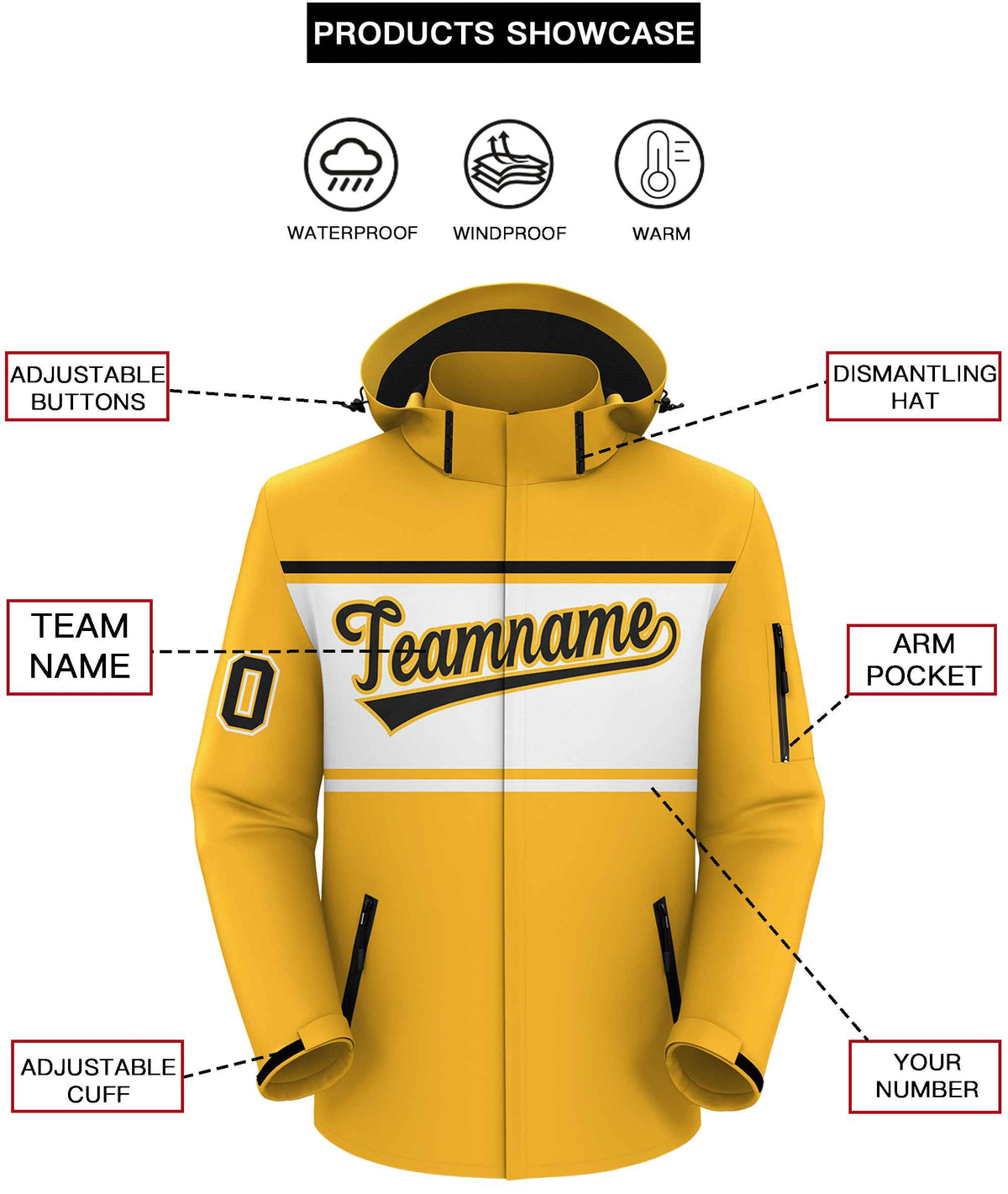 Custom Gold Black-White Color Block Personalized Outdoor Hooded Waterproof Jacket