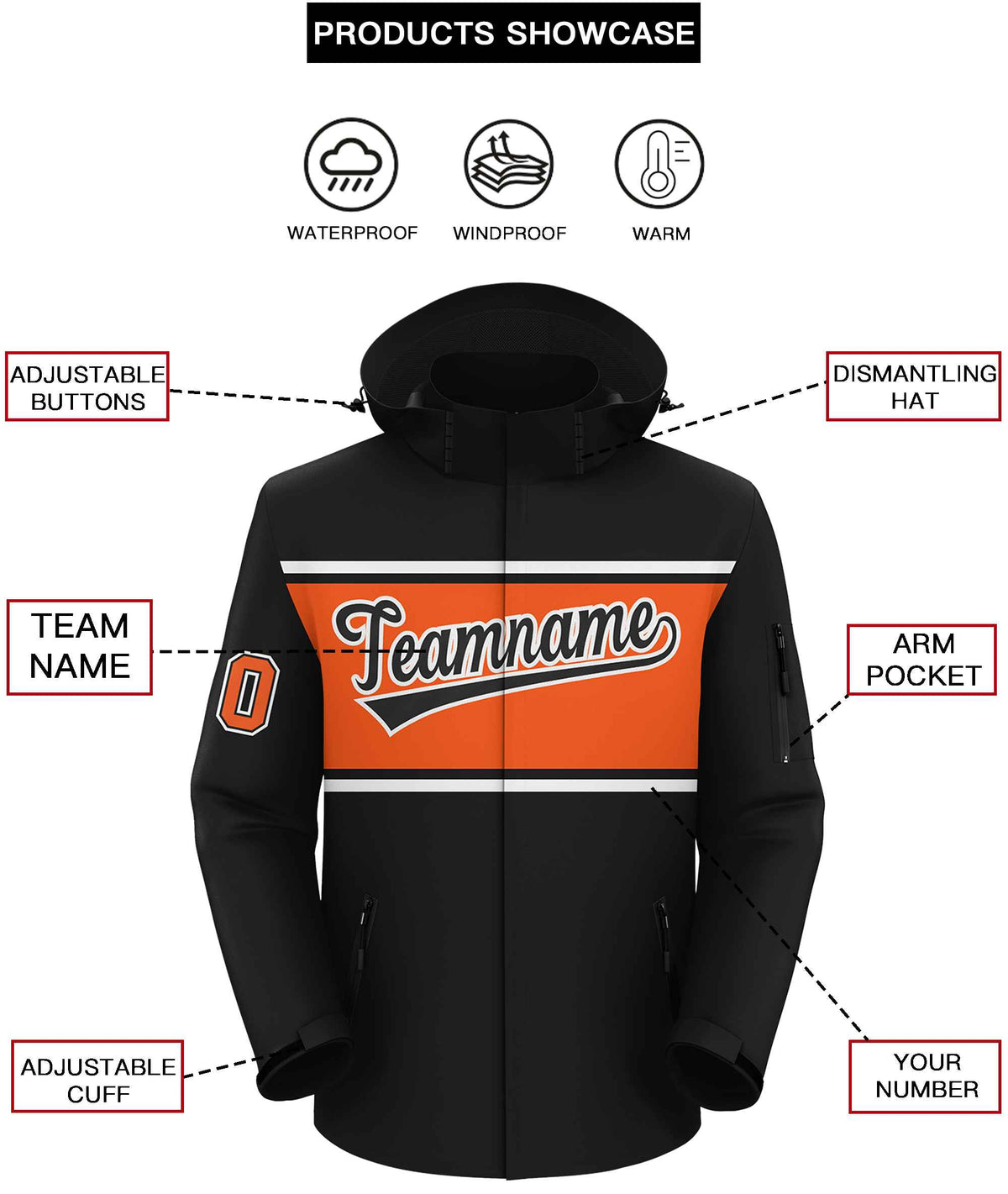 Custom Black White-Orange Color Block Personalized Outdoor Hooded Waterproof Jacket