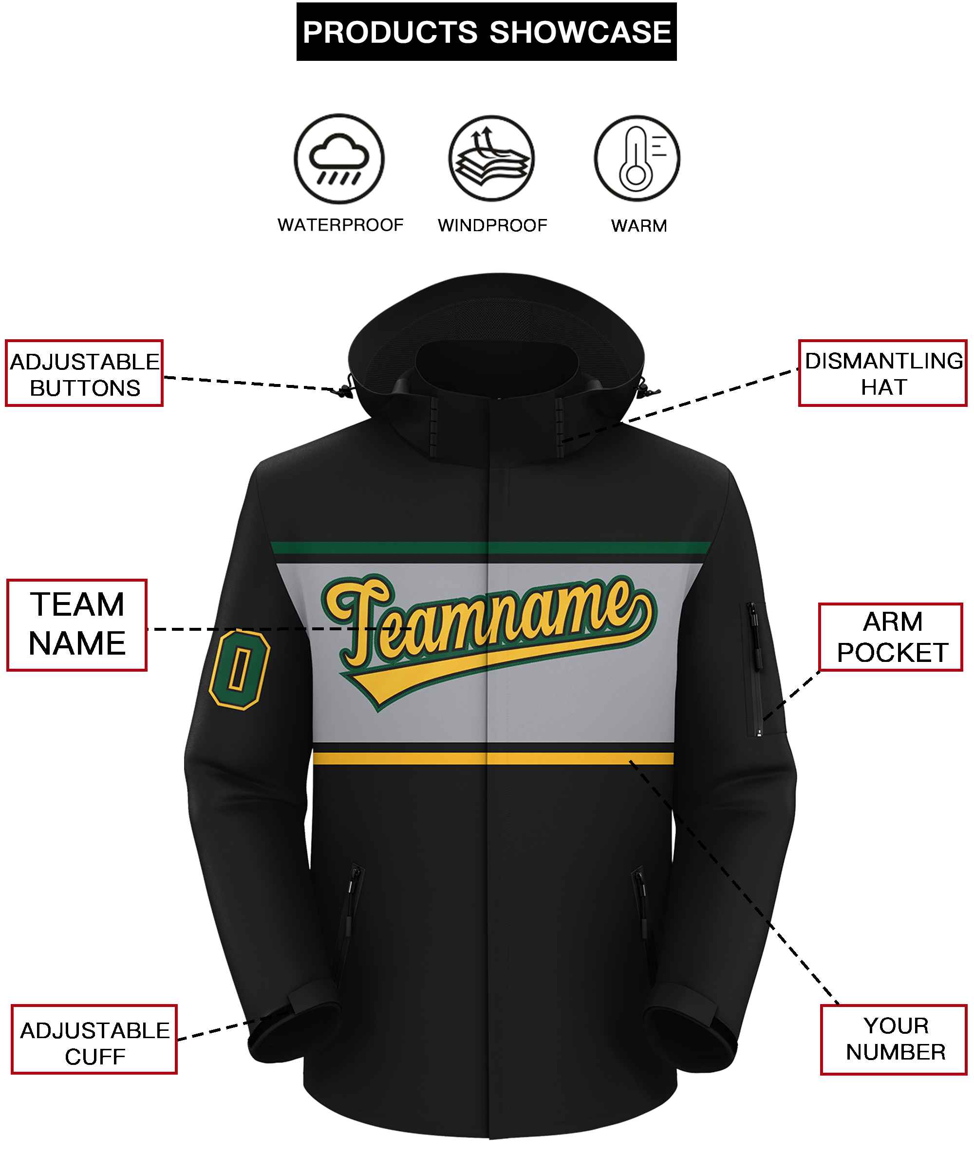 Custom Black Gold-Gray Color Block Personalized Outdoor Hooded Waterproof Jacket