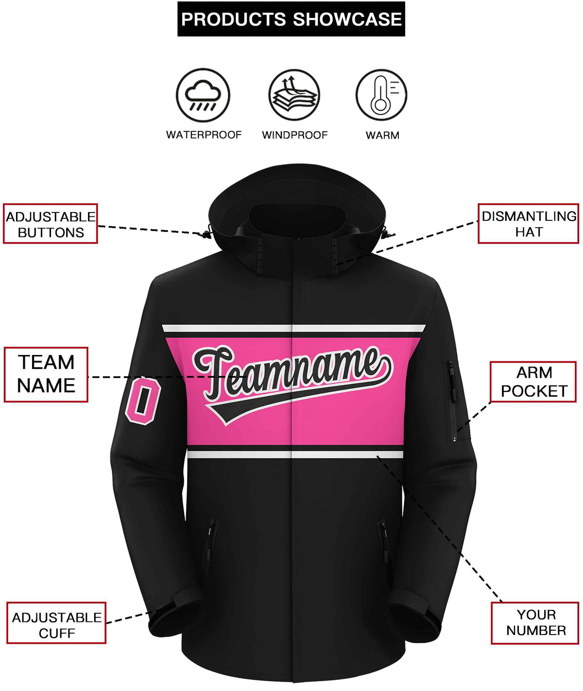 Custom Black White-Pink Color Block Personalized Outdoor Hooded Waterproof Jacket