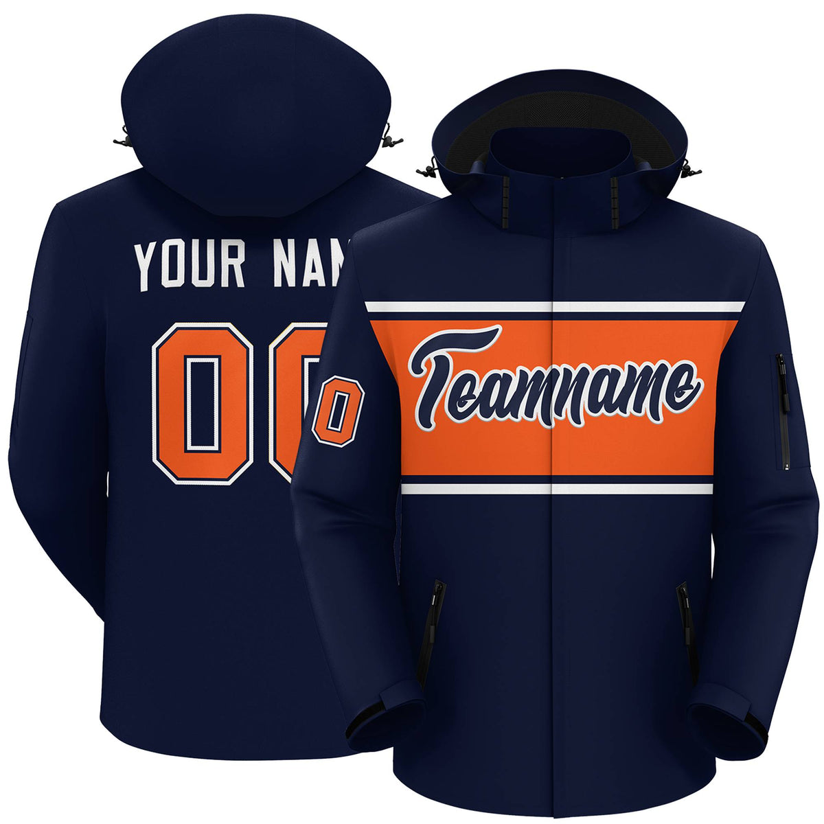 Custom Navy White-Orange Color Block Personalized Outdoor Hooded Waterproof Jacket