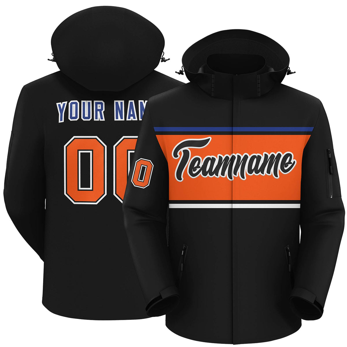Custom Black Royal-Orange Color Block Personalized Outdoor Hooded Waterproof Jacket