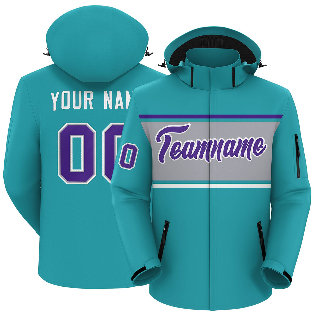 Custom Aqua Purple-Gray Color Block Personalized Outdoor Hooded Waterproof Jacket