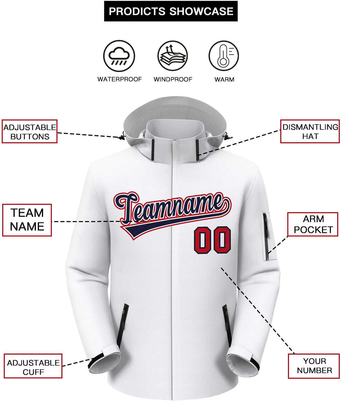 Custom White Navy-Red Classic Style Waterproof Jacket