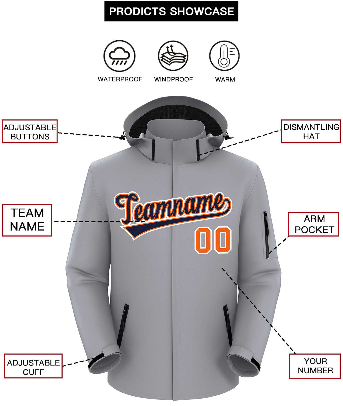 Custom Gray Navy-White Classic Style Waterproof Jacket