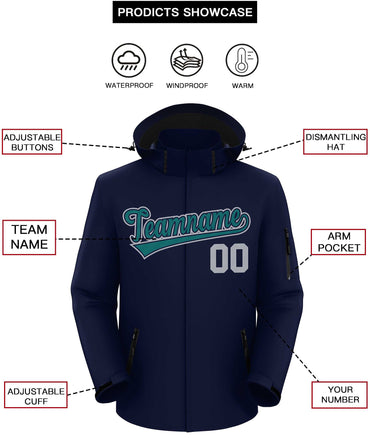 Custom Navy Teal-Gray Classic Style Waterproof Jacket