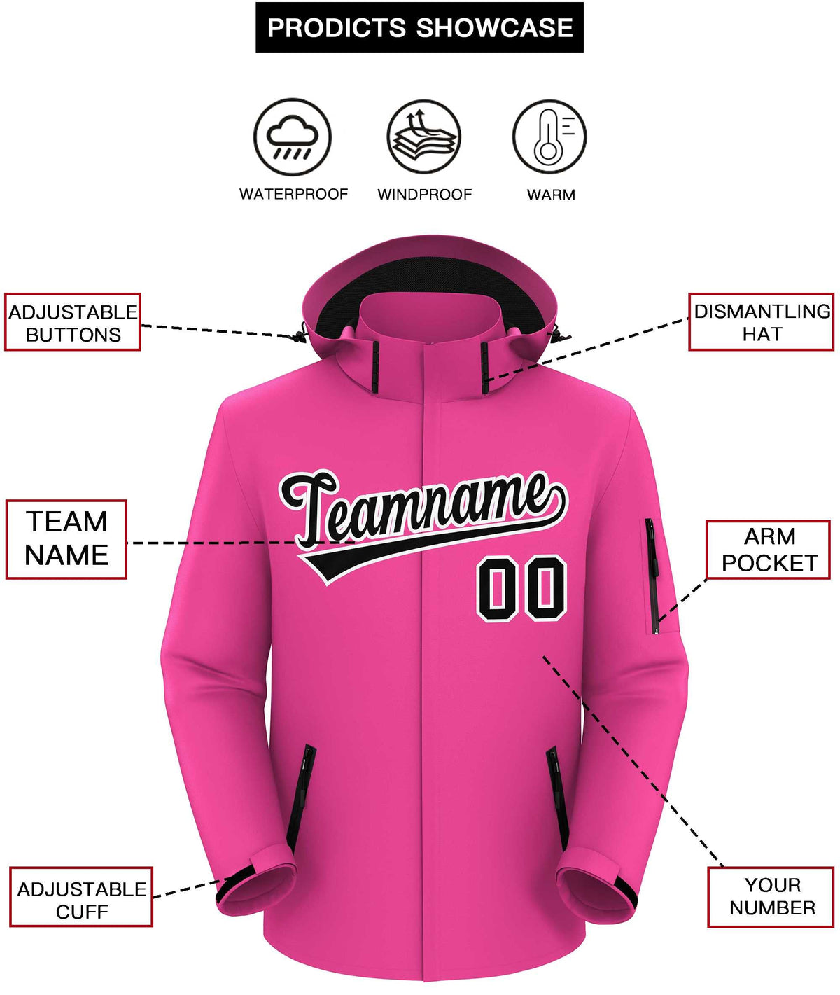 Custom Pink Black-White Classic Style Waterproof Jacket