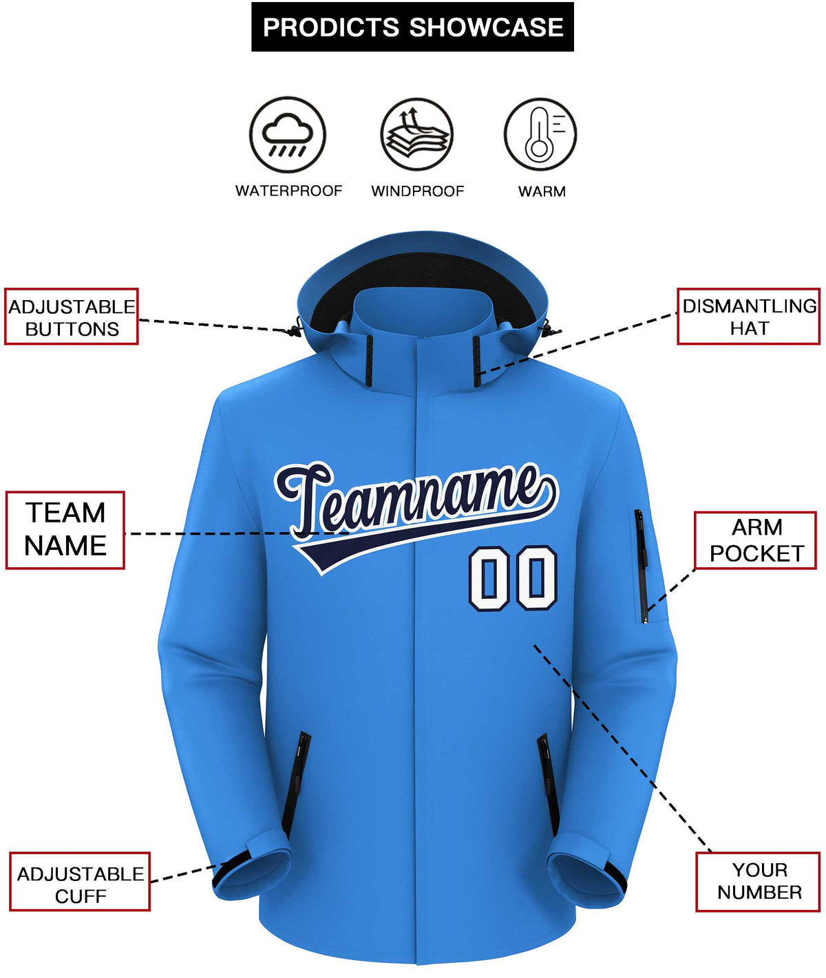 Custom Powder Blue Navy-White Classic Style Waterproof Jacket