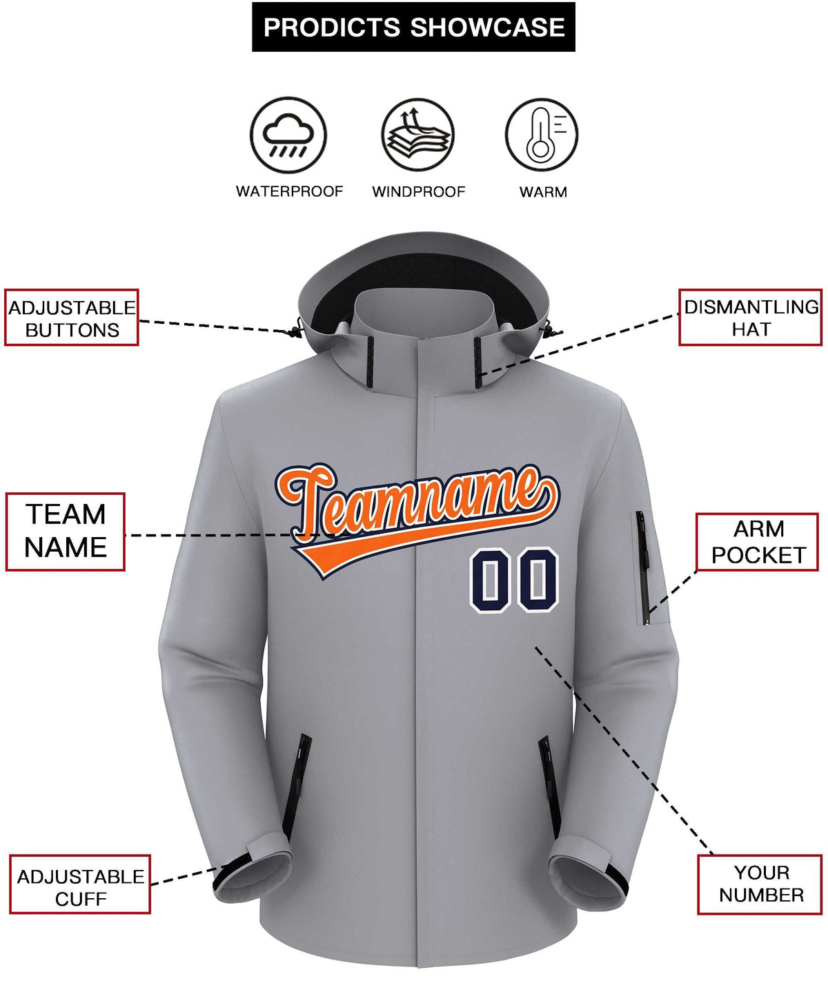 Custom Gray Orange-Navy Classic Style Waterproof Jacket