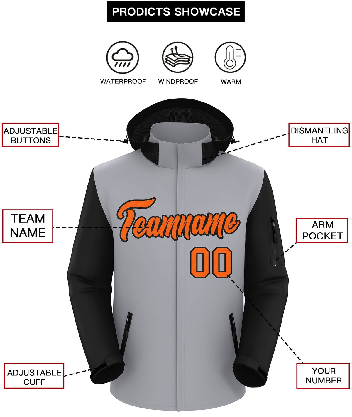 Custom Gray Black-Orange Raglan Sleeves Waterproof Jacket