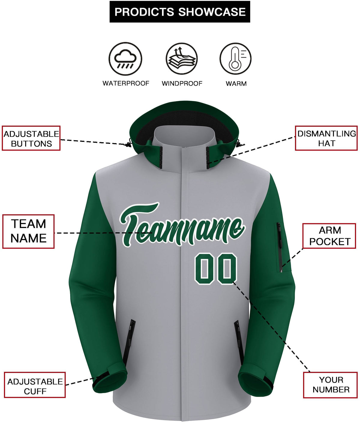 Custom Gray Green-White Raglan Sleeves Waterproof Jacket
