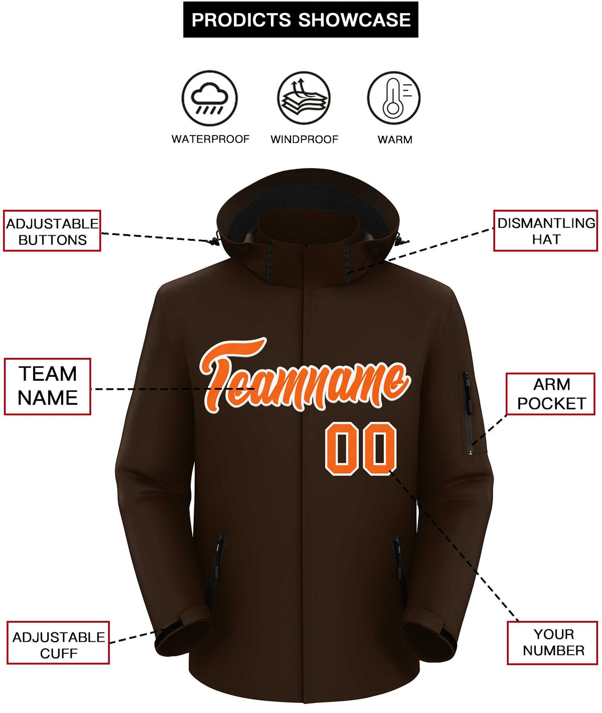 Custom Brown Orange-White Classic Style Waterproof Jacket