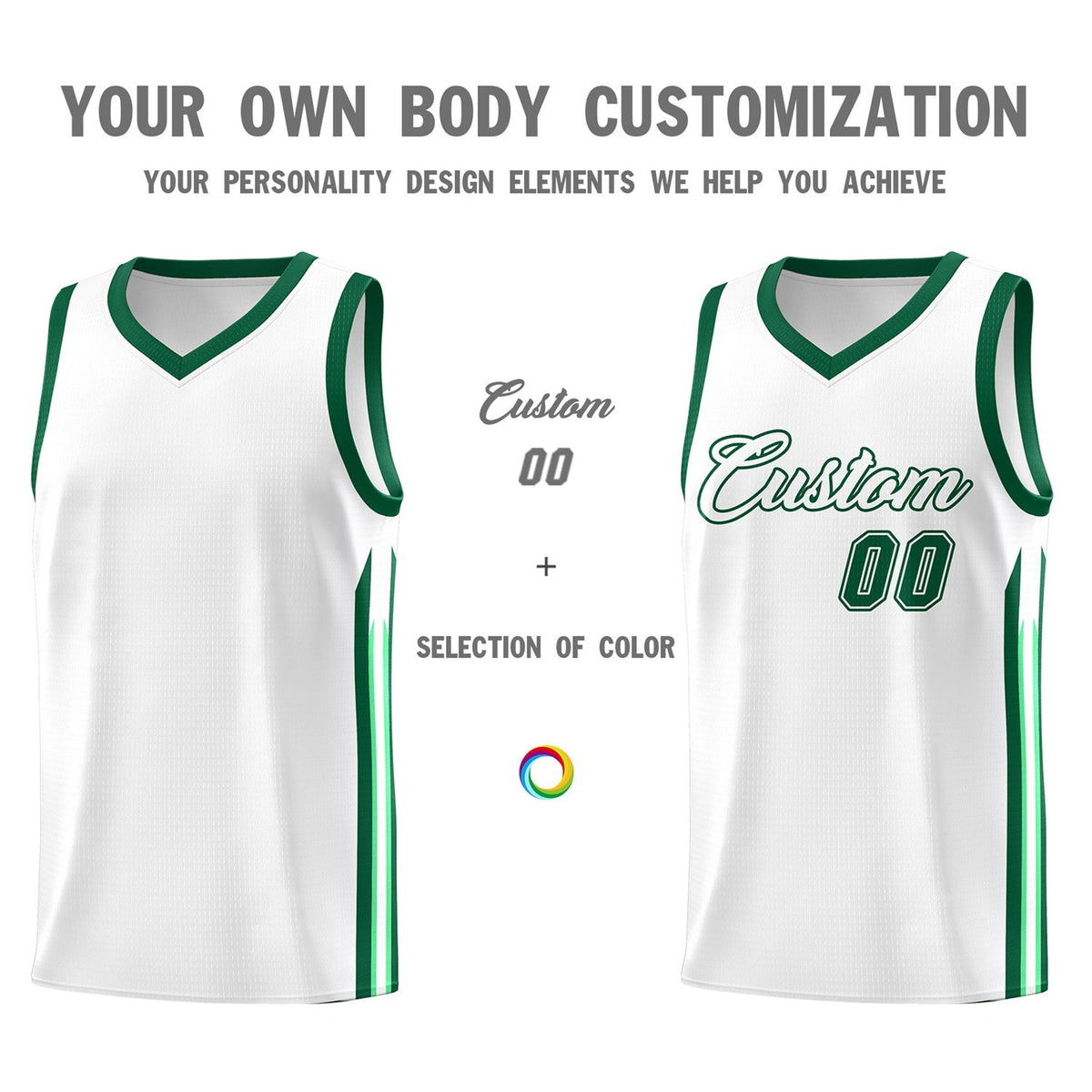 Custom White Green Classic Tops Fashion Sportwear Basketball Jersey