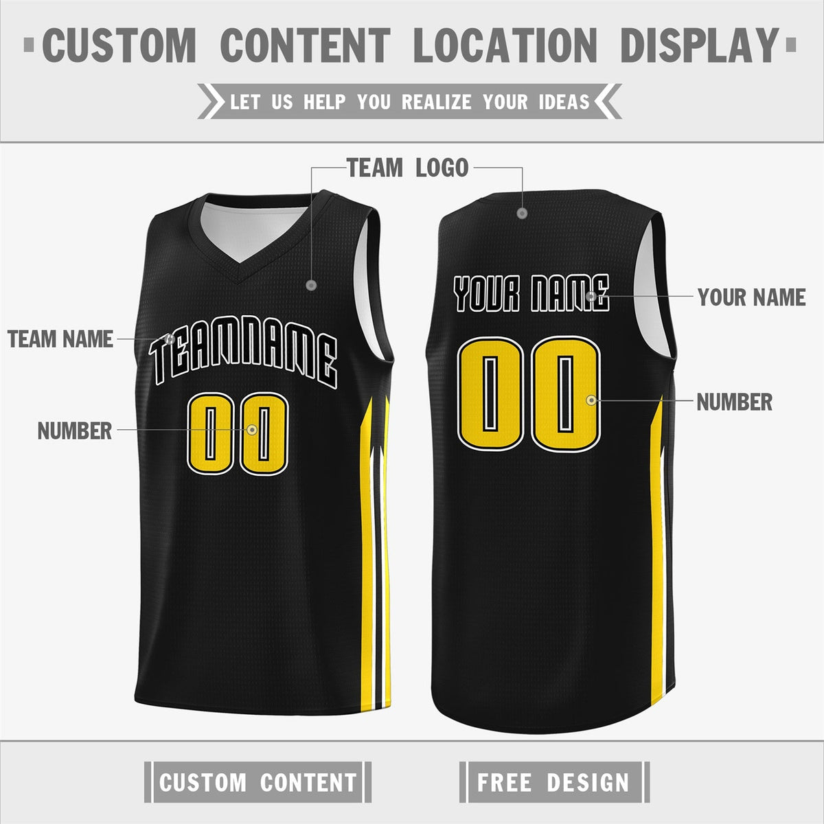 Custom  Black Yellow Classic Tops Sport Game Basketball Jersey