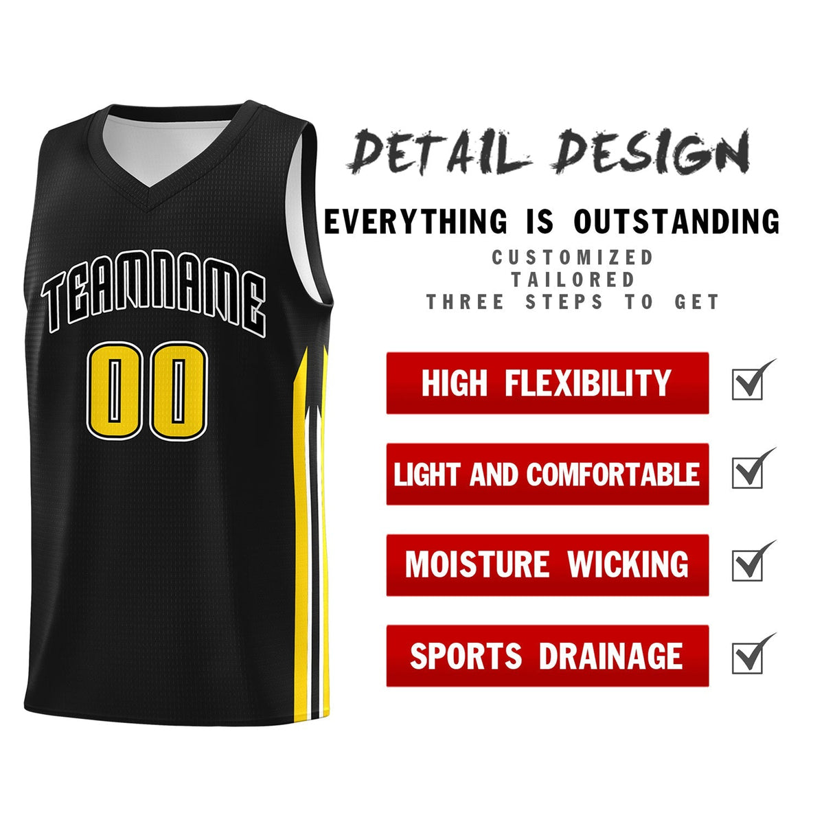Custom  Black Yellow Classic Tops Sport Game Basketball Jersey