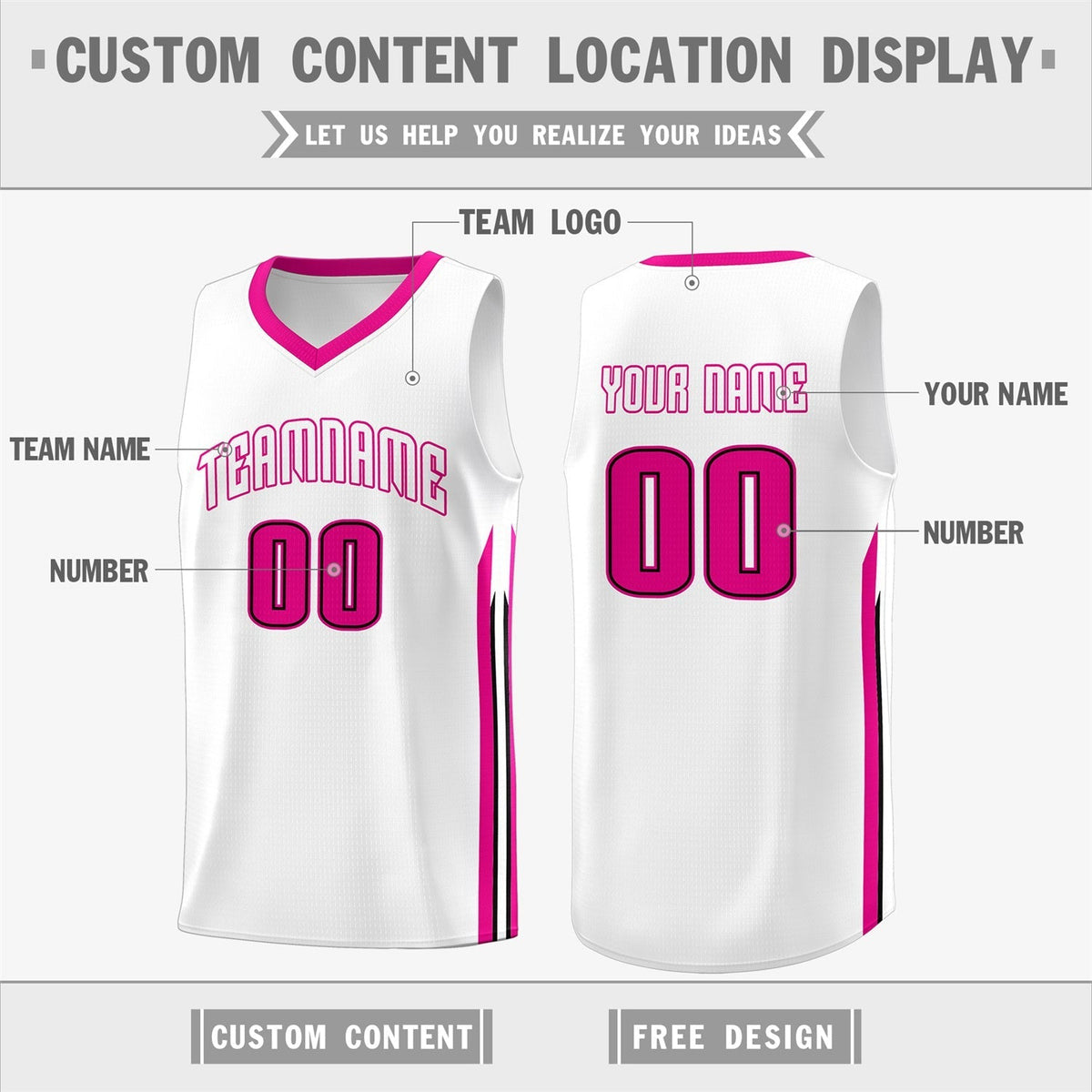 Custom White Pink Classic Tops Athletic Casual Basketball Jersey
