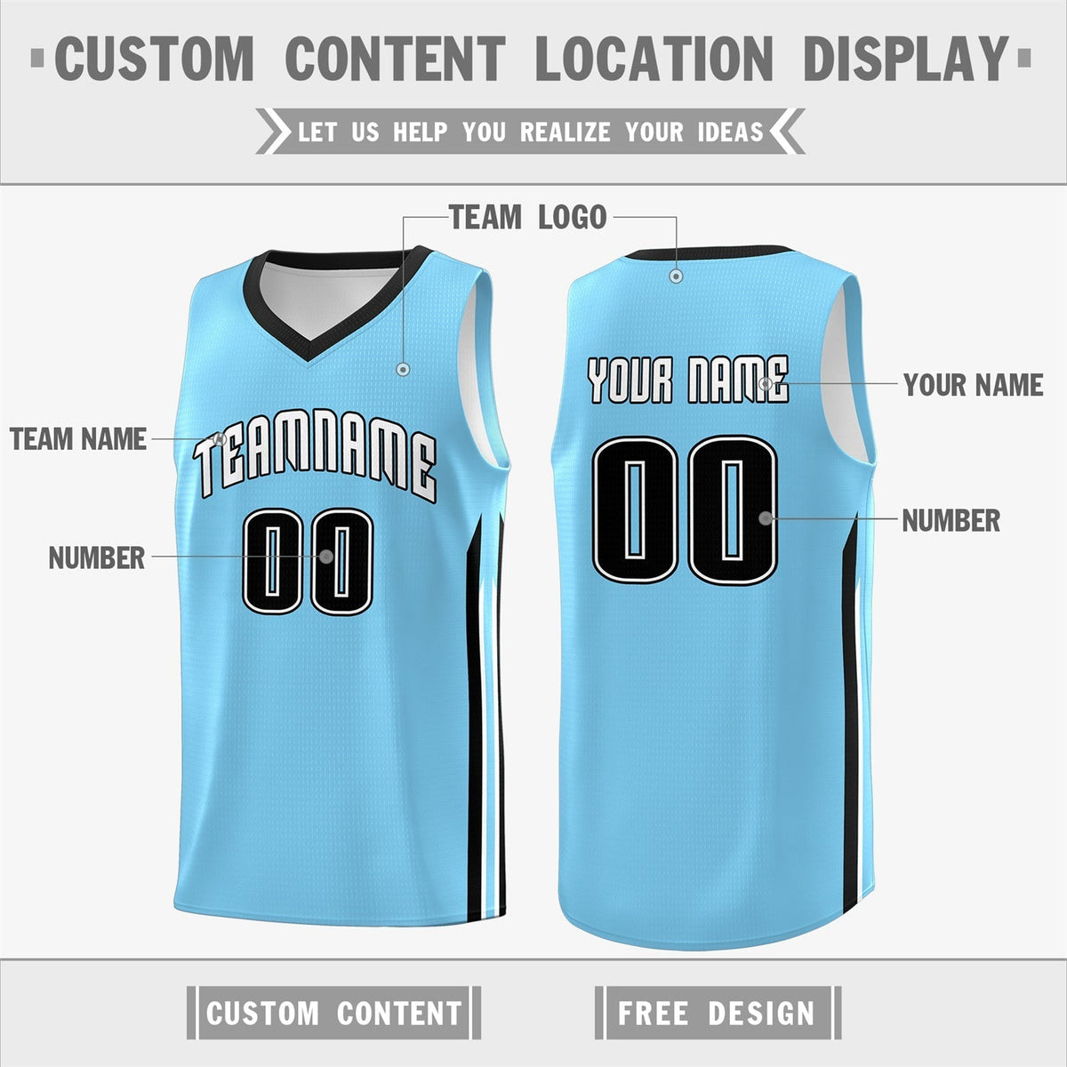 Custom Light Blue White-Black Classic Tops Fashion Basketball Jersey