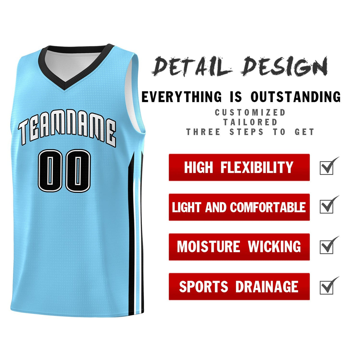 Custom Light Blue White-Black Classic Tops Fashion Basketball Jersey