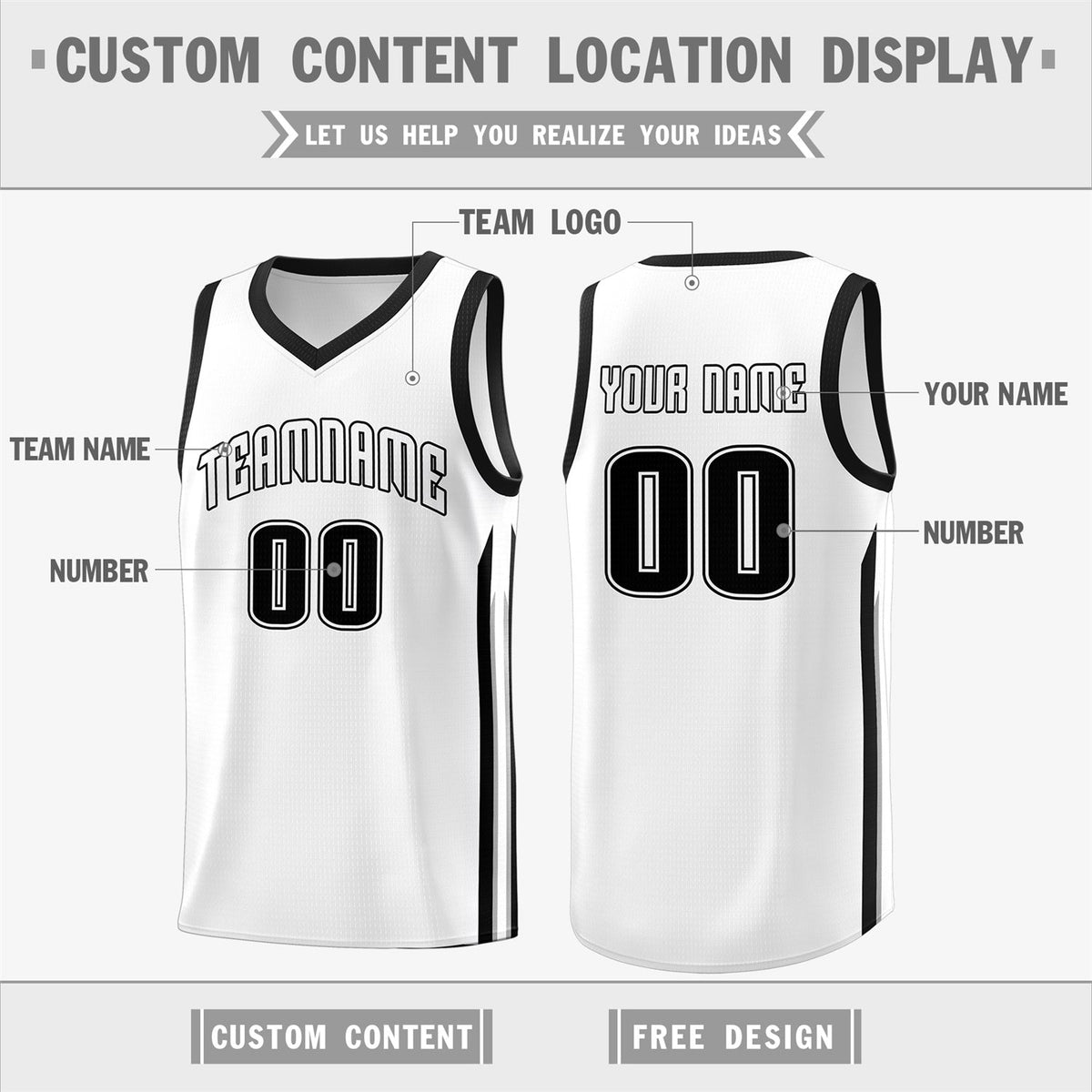 Custom  White Black Classic Tops Fashion Sportwear Basketball Jersey