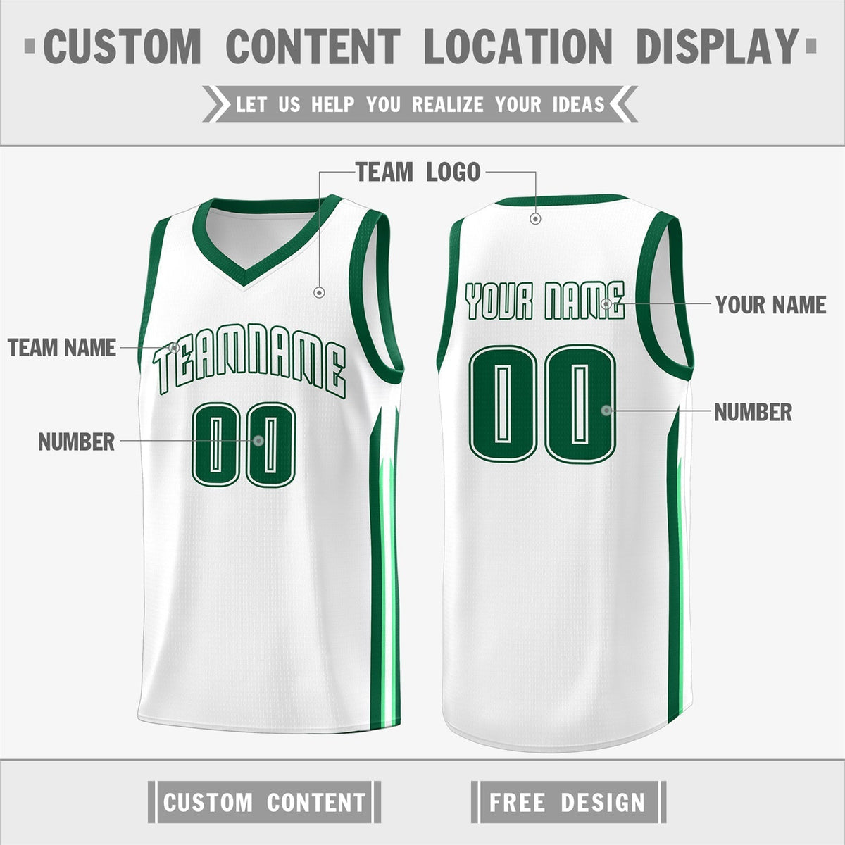 Custom White Green Classic Tops Fashion Sportwear Basketball Jersey