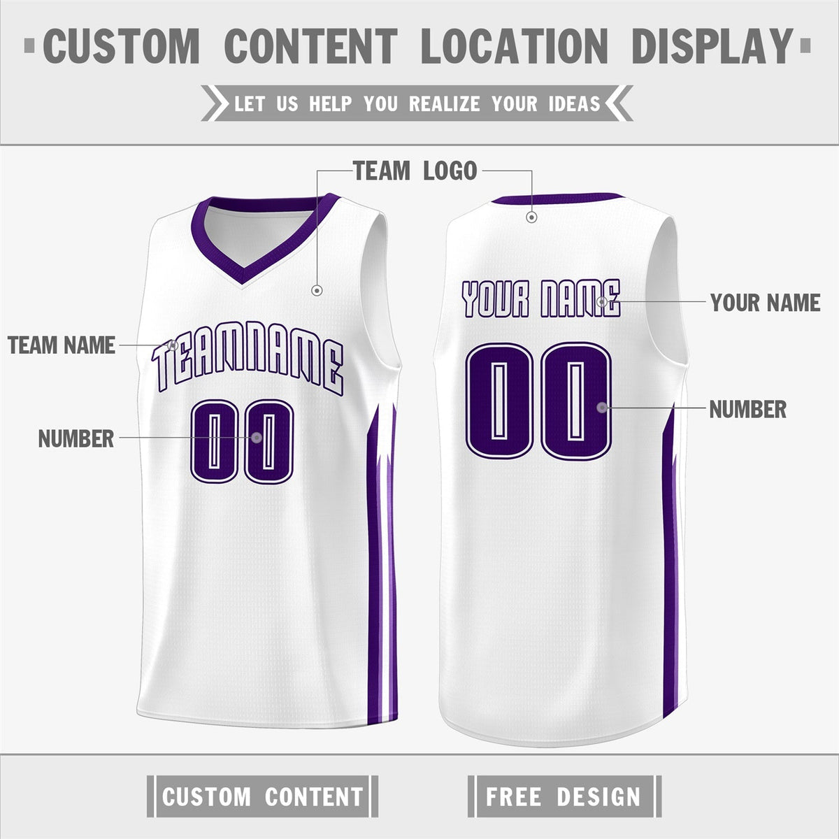 Custom White Purple Classic Tops Athletic Casual Basketball Jersey
