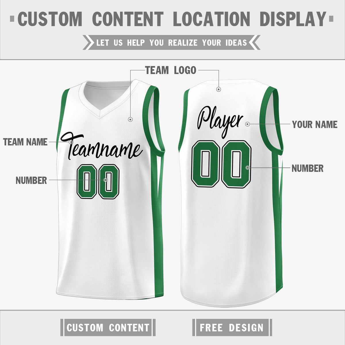 Custom White Green Classic Tops Basketball Jersey