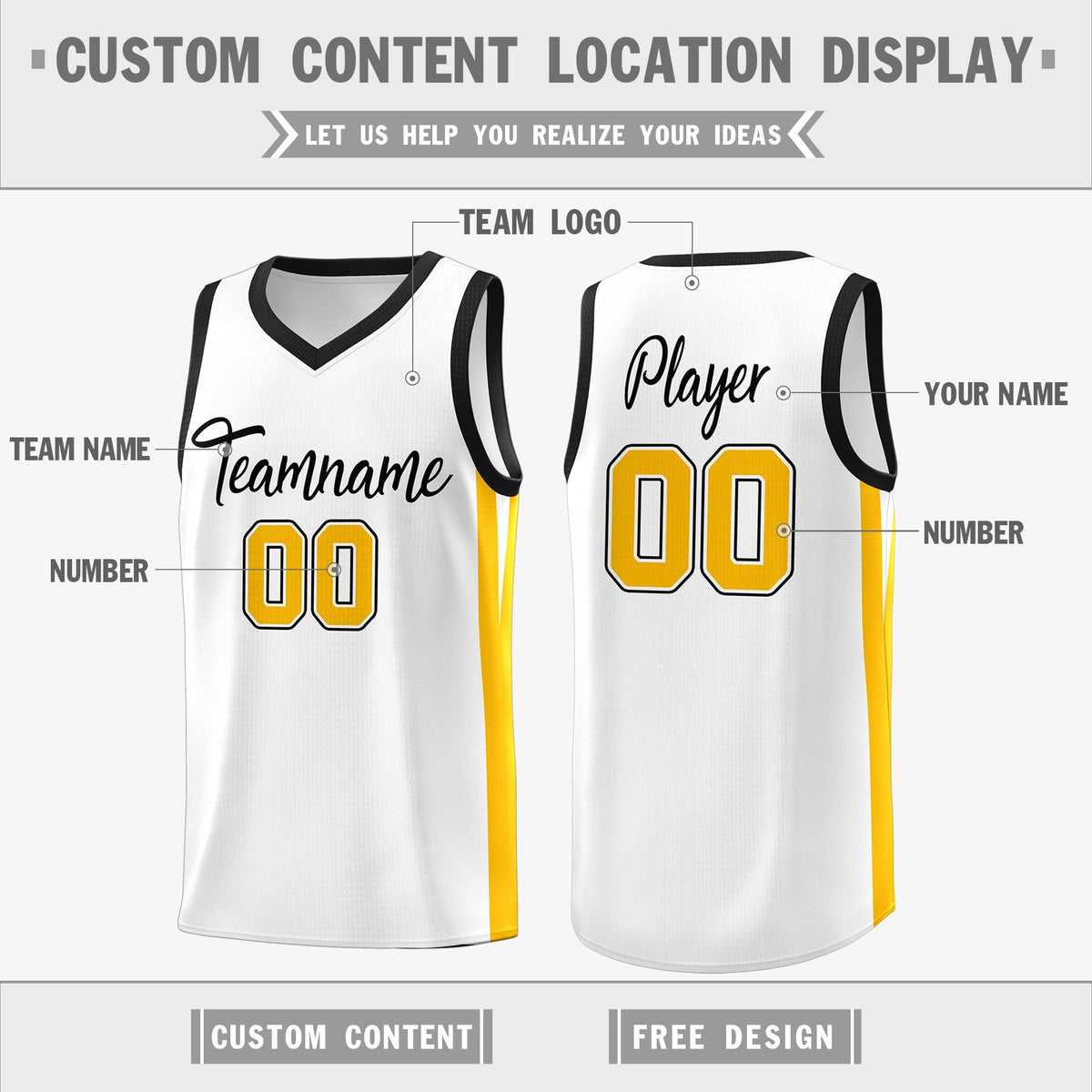 Custom White Yellow Classic Tops Basketball Jersey