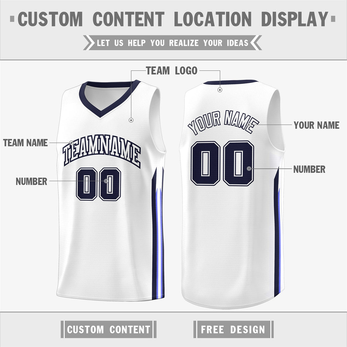 Custom White Navy Classic Tops Athletic Casual Basketball Jersey