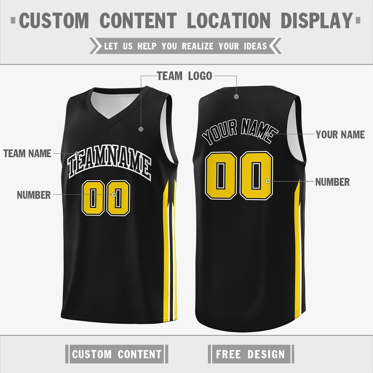 Custom  Black Yellow Classic Tops Sport Game Basketball Jersey
