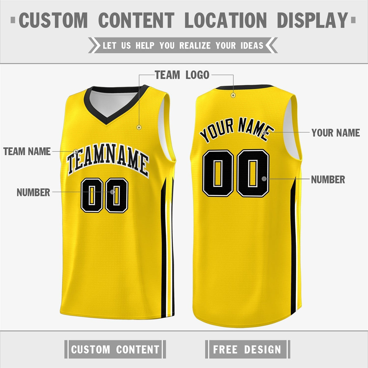 Custom Yellow Black Classic Tops Athletic Casual Basketball Jersey
