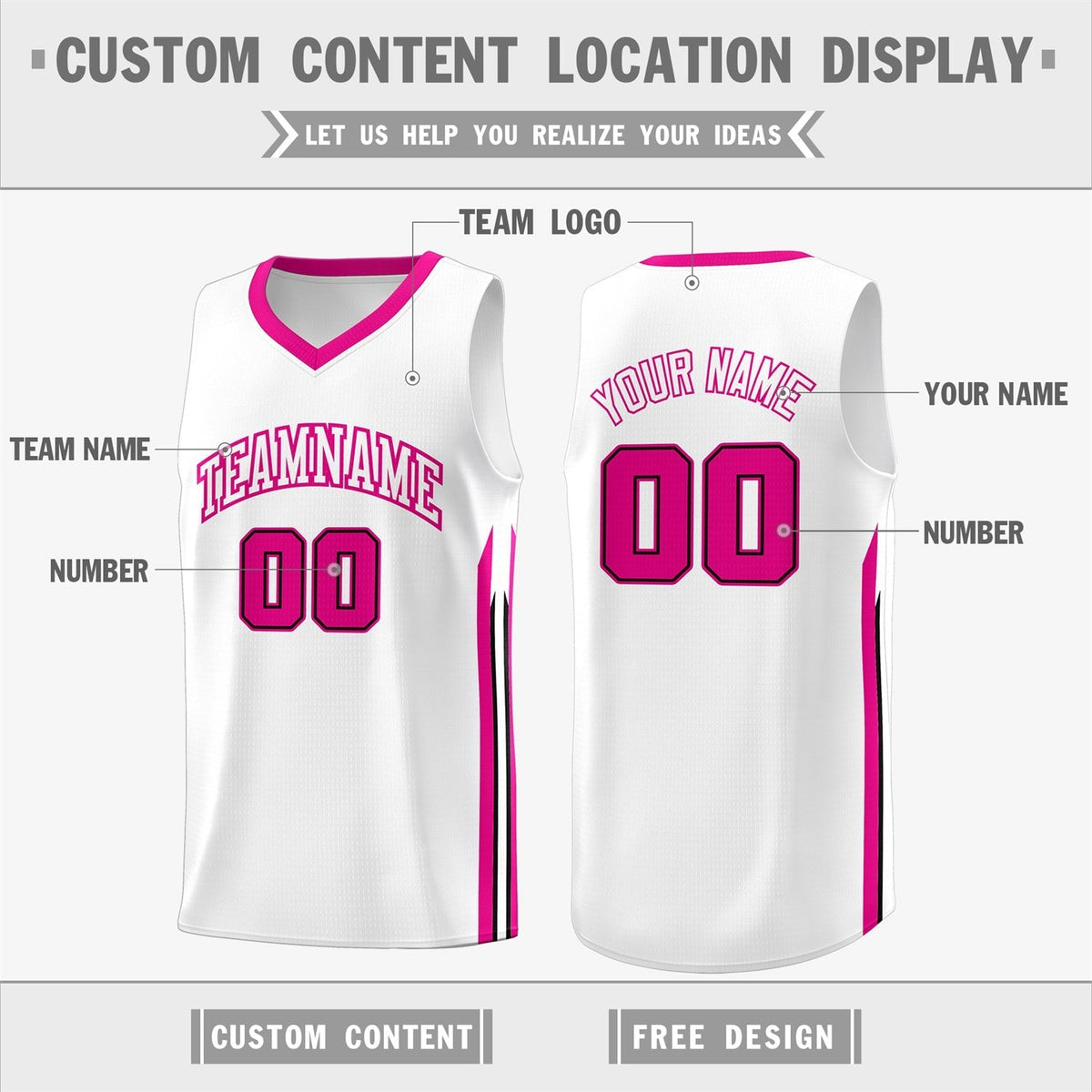 Custom White Pink Classic Tops Athletic Casual Basketball Jersey