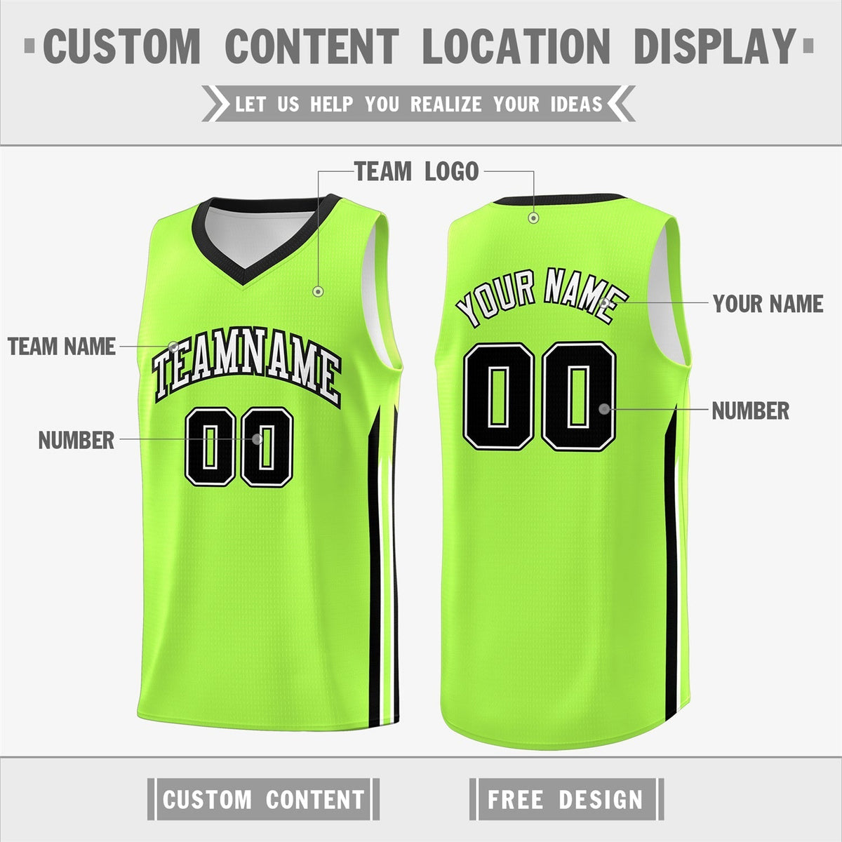 Custom Neon Green Black Classic Tops Sport Game Basketball Jersey