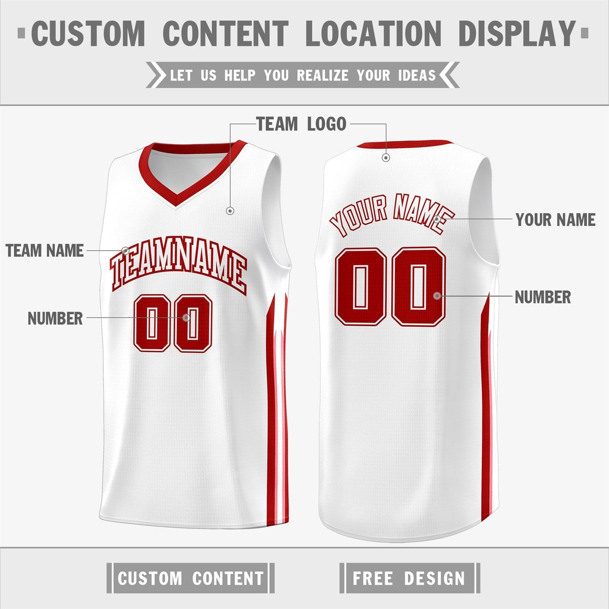 Custom White Red Classic Tops Athletic Casual Basketball Jersey