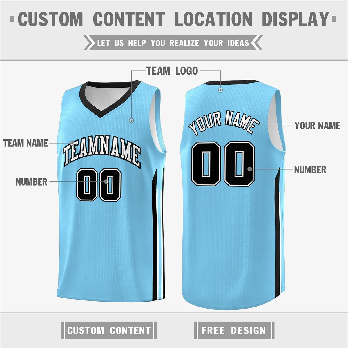 Custom Light Blue White-Black Classic Tops Fashion Basketball Jersey