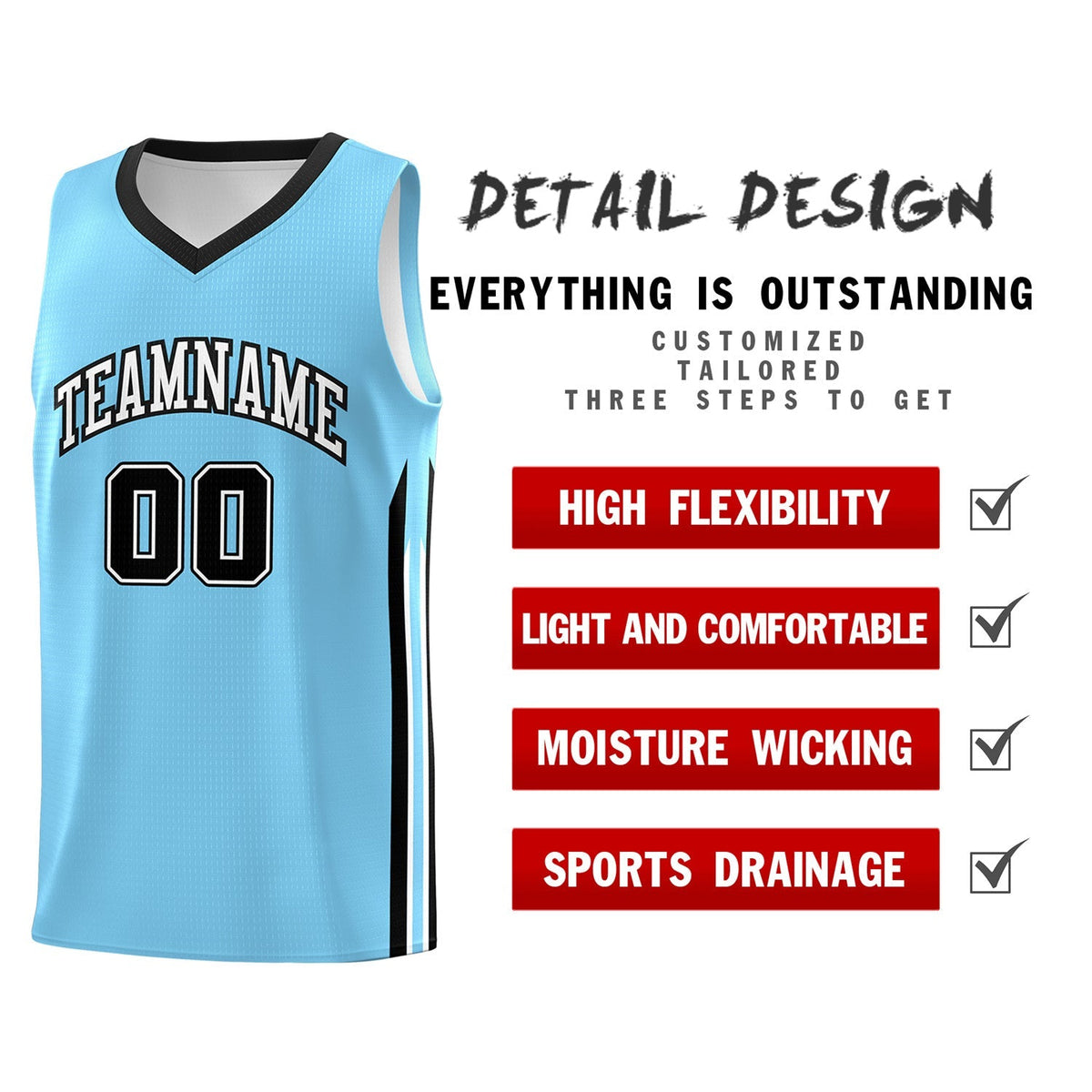 Custom Light Blue White-Black Classic Tops Fashion Basketball Jersey
