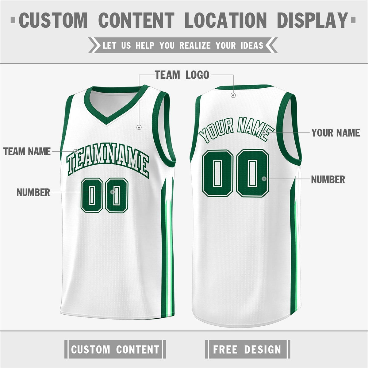 Custom White Green Classic Tops Fashion Sportwear Basketball Jersey