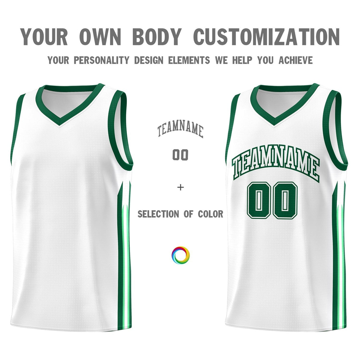 Custom White Green Classic Tops Fashion Sportwear Basketball Jersey