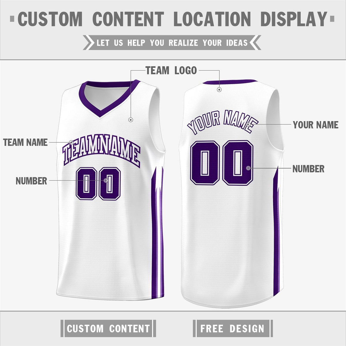 Custom White Purple Classic Tops Athletic Casual Basketball Jersey