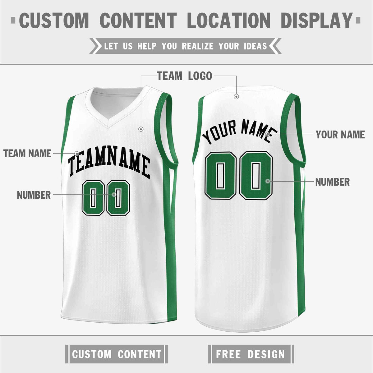 Custom White Green Classic Tops Basketball Jersey