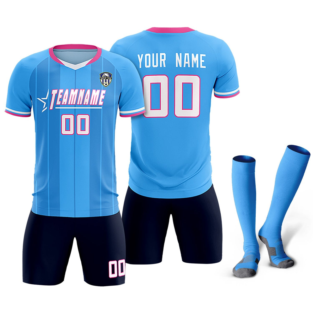 Custom Powder Blue Classic Striped Personalized Soccer Kit Jersey