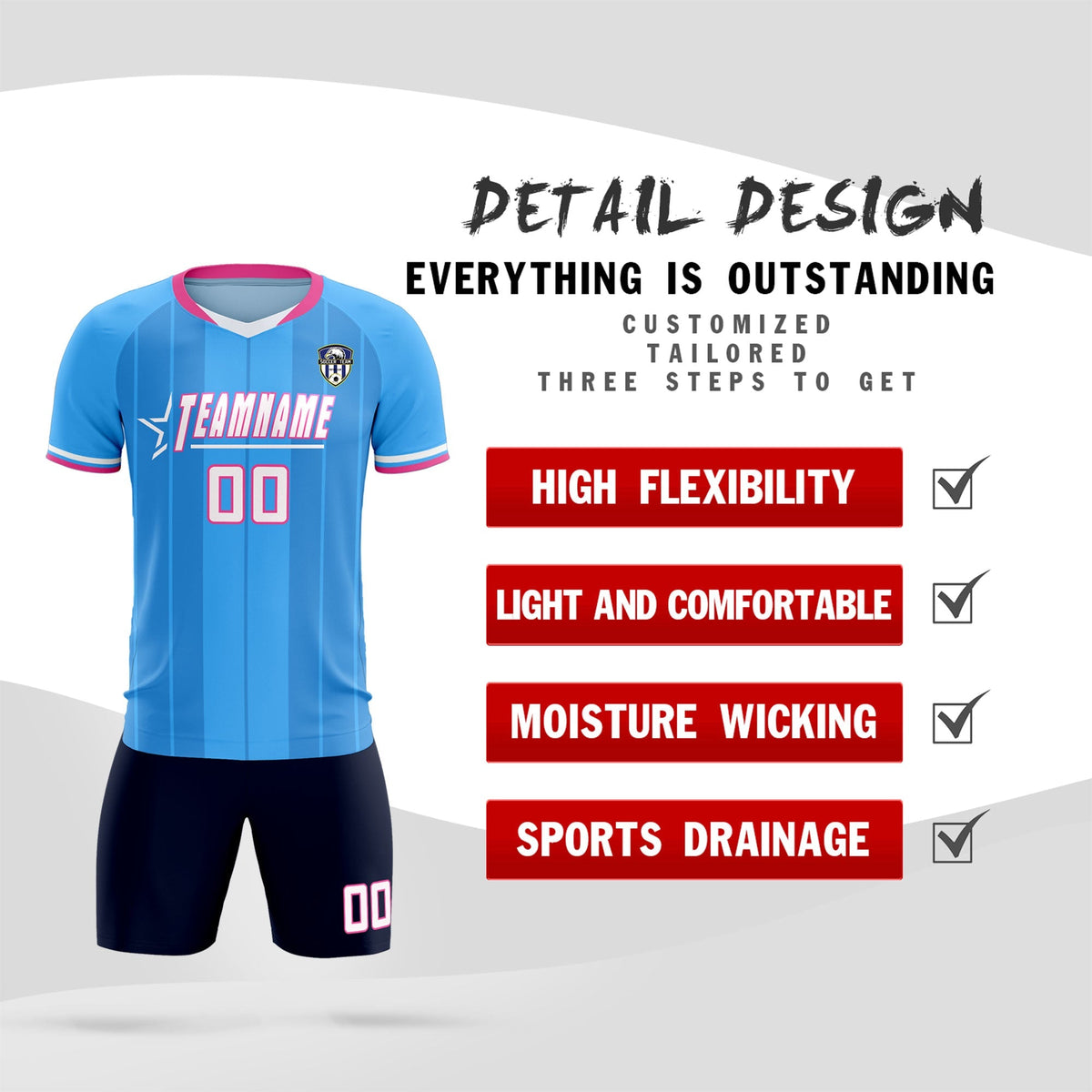 Custom Powder Blue Classic Striped Personalized Soccer Kit Jersey