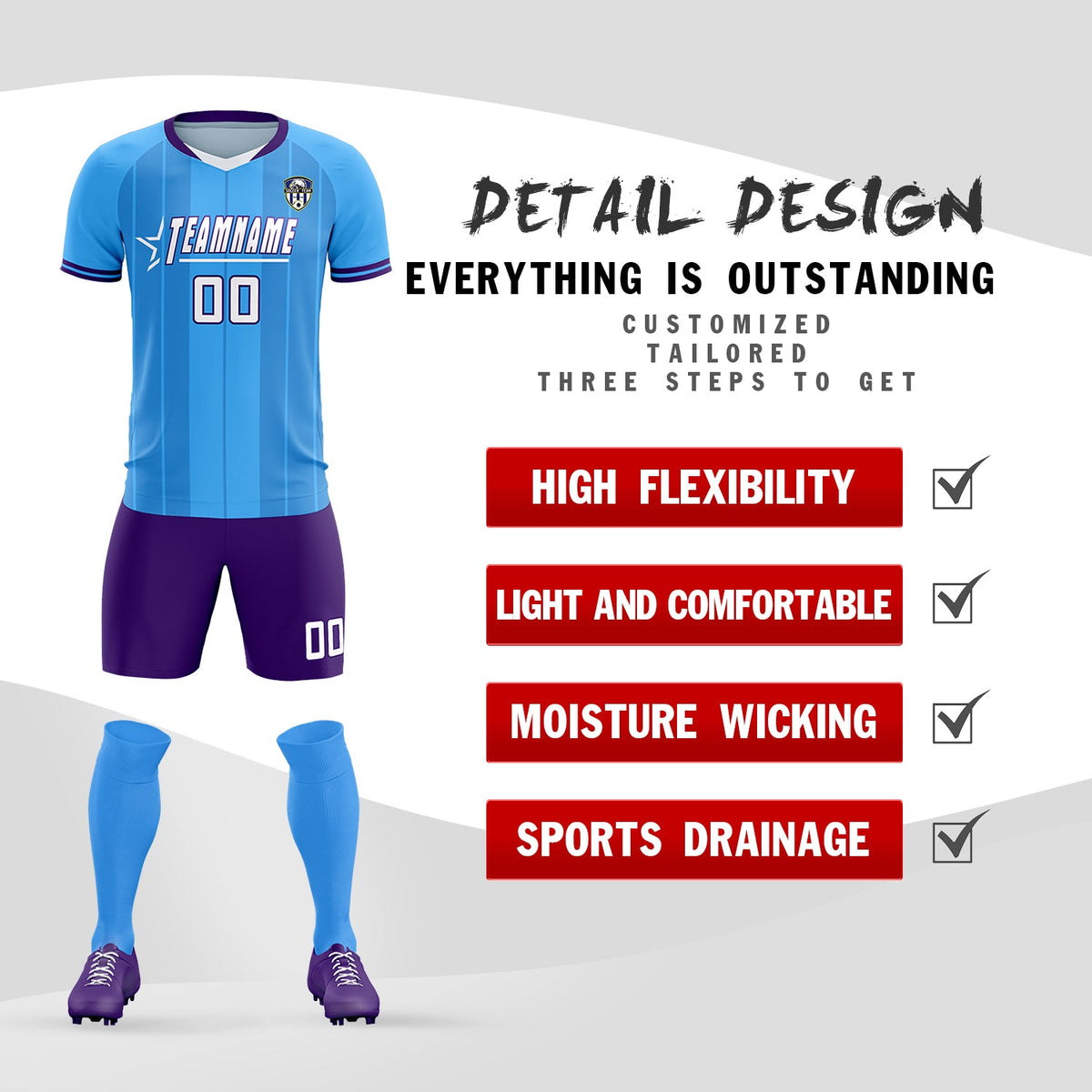 Custom Powder Blue Classic Striped Personalized Soccer Kit Jersey