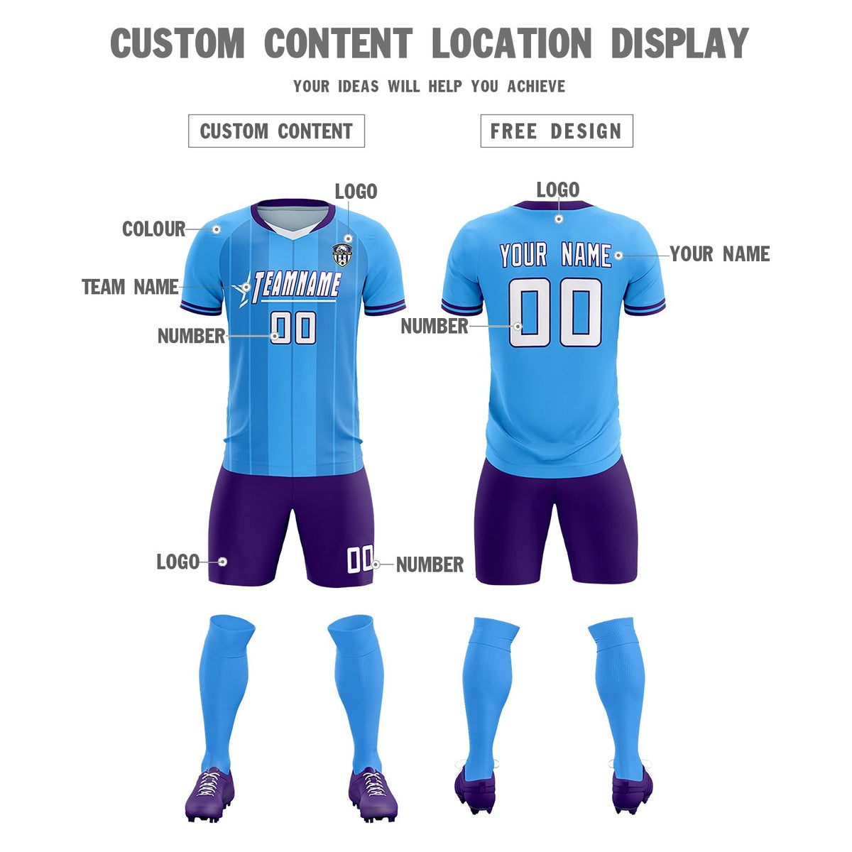 Custom Powder Blue Classic Striped Personalized Soccer Kit Jersey