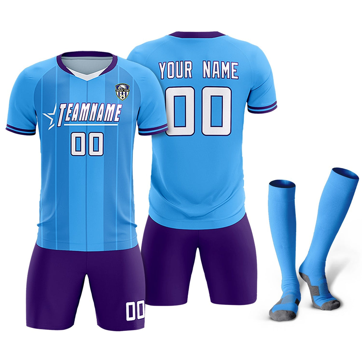 Custom Powder Blue Classic Striped Personalized Soccer Kit Jersey