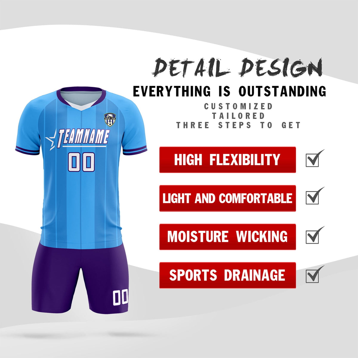 Custom Powder Blue Classic Striped Personalized Soccer Kit Jersey