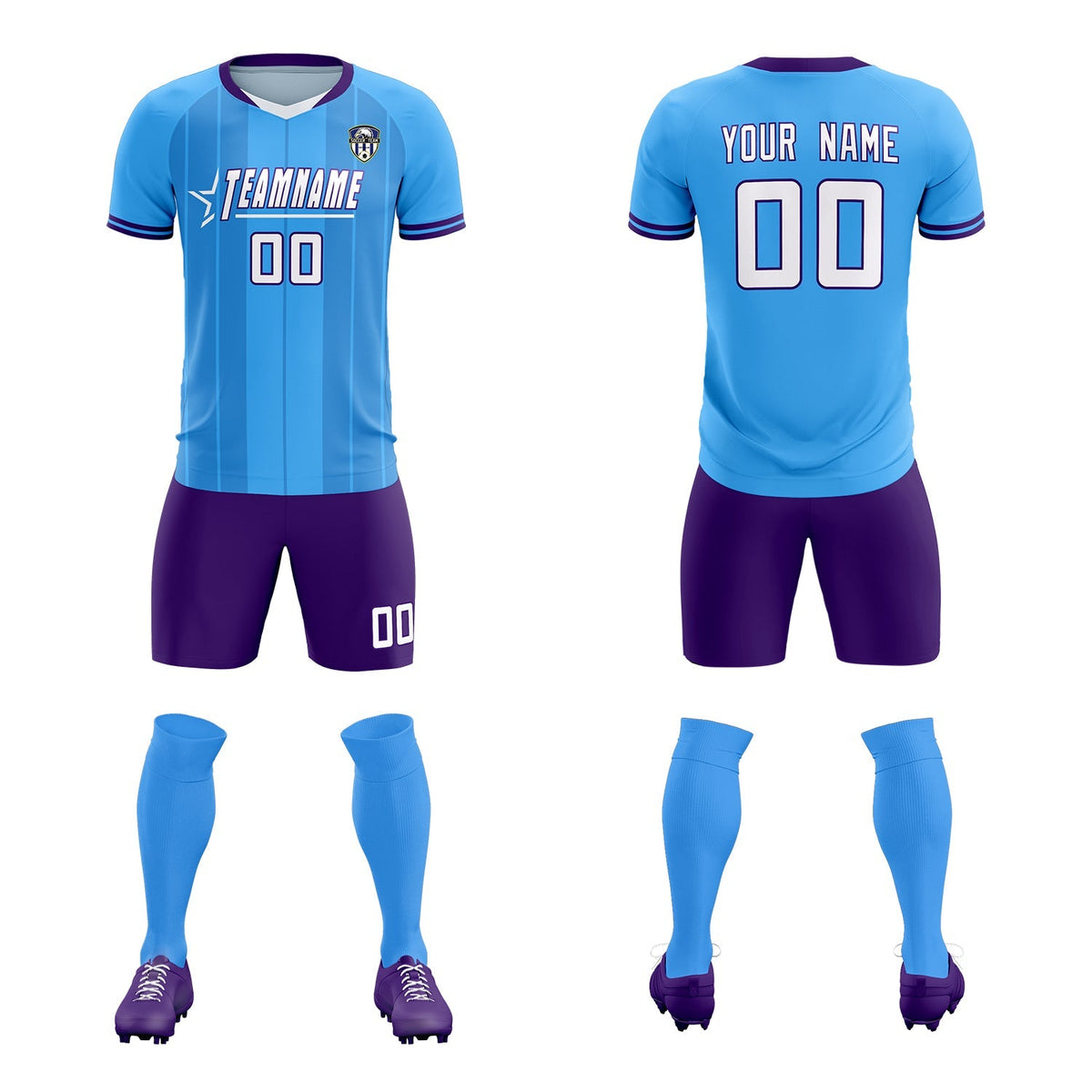 Custom Powder Blue Classic Striped Personalized Soccer Kit Jersey
