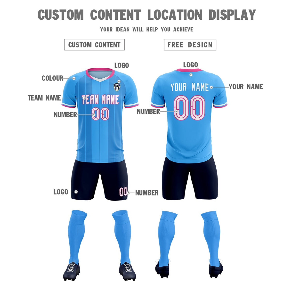 Custom Powder Blue Classic Striped Personalized Soccer Kit Jersey